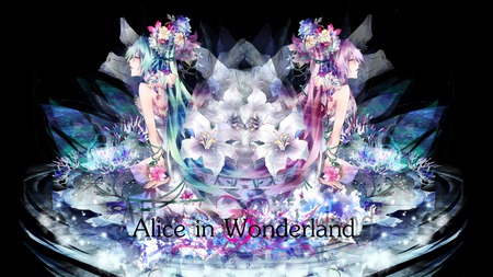 Hatsune Miku & Megurine Luka - Alice in Wonderland - pretty, artistic, pink, luka, flowers, nice, program, megurine, beauty, virtual, cg, white, megurine luka, cute, aqua eyes, song, vocaloid, anime, twintail, hatsune miku, music, aqua, alice in wonderland, pink hair, art, idol, anime girl, beautiful, crystals, singer, girl, cool, black, miku, awesome, diva, digital, aqua hair, hatsune, vocaloids