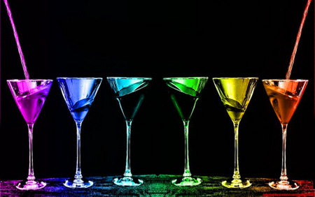 Refreshing color - aqua, glasses, yellow, cocktail glasses, red, pink, blue, green, colors, drinks