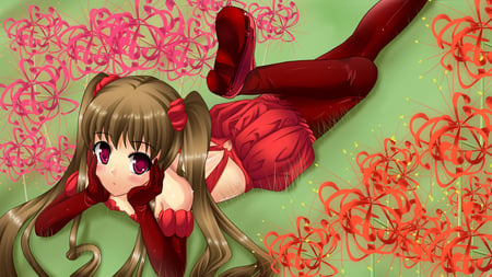 anime - flowers, dress, red ahir, yard, brown hair, red eyes