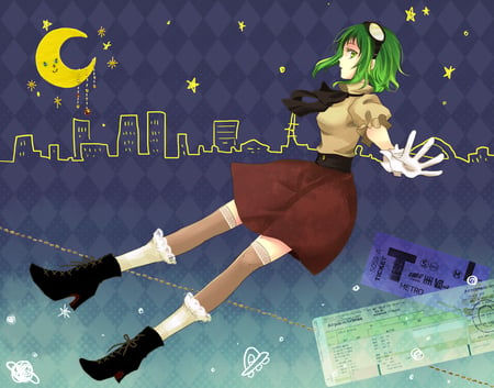 vocaloid - vocaloid, blue eyes, night, blush, green hair, dress