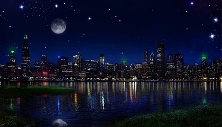 AS THE CITY SLEEPS - moon, sky, stars, reflection, night, city, water, lights