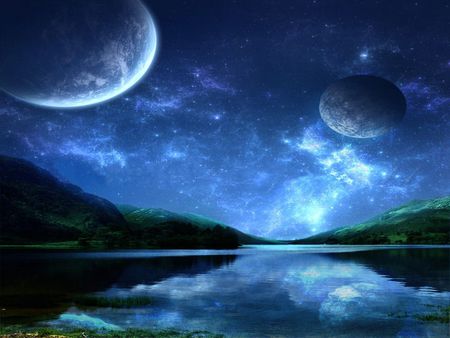 CERULEAN SKIES - planets, stars, reflection, cerulean, clouds, blue, water, skies