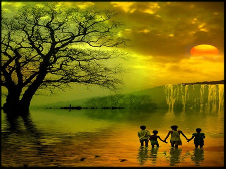 CHILDREN OF THE SUN - clouds, water, children, reflection, tree, sun, sky