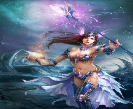 Magic Wizard - magic, female, book, amazing, splendor, armor, spear, storm, abstract, wizard, water, magic wizard, beautiful, girl, beauty, colors, lovely, magician, fantasy, wind, awesome, cloud, thigh highs, sexy