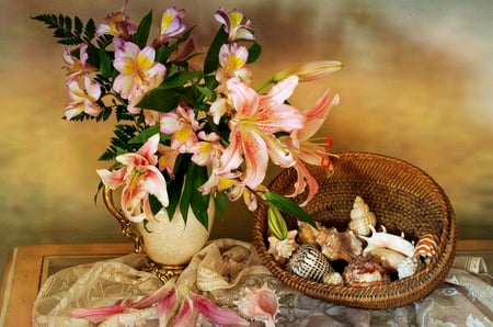 still life - flowers, vase, basket, seashells, lace, still life