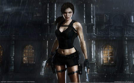 Underworld - female, singlet, video game, fantasy, tomb raider, pistols, shorts, girl, rain, underworld, games, adventure, action, mansion, video games, weapons, lara croft, guns