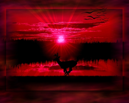 Red sunset - vector, abstract, sky, red, sunset, deer