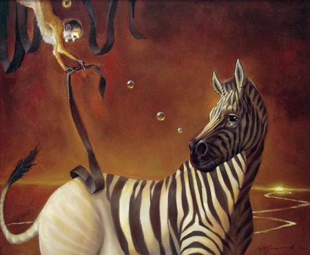 Mischievous - zebra, fantasy, 3d, monkey, animals, stripes