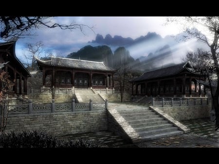 The Shrine - abstract, trees, stairs, landscapes, 3d, mountains, houses, sky