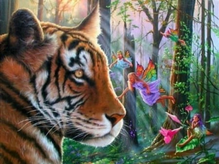 tiger and fairy - nature, trees, forest, light, fairy, color, tiger