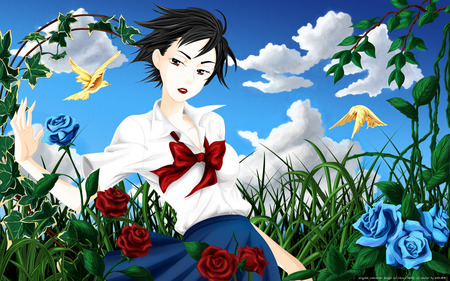 A Girl With Nature !!! - nature, sky, cloud, blue, plant, anime, other, bird