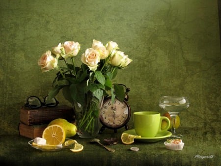 Tea break - roses, spoon, tablecloth, stems, clock, books, flowers, beautiful, saucer, lemon slice, pear, white, plate, glasses, green, coffee cup, cup, glass, lemon