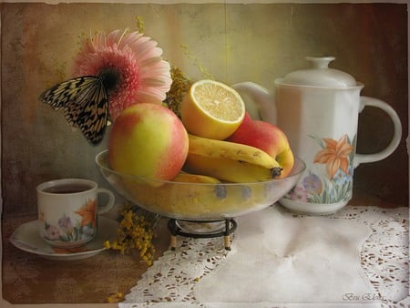 Fruitbowl - table cloth, bowl, still life, bananas, teapot, canister, apple, tea, saucer, cup, fruitbowl, fruit, nectar, lemon, butterfly, floral, gerbera, beautiful, coffepot, flower