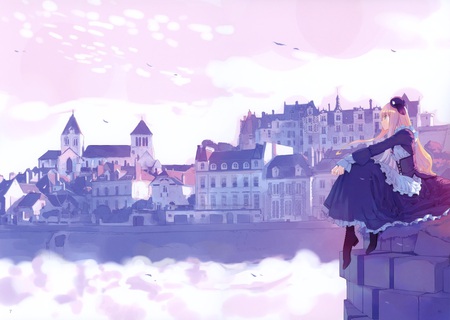 Watch over my city - anime, city, buildings, female