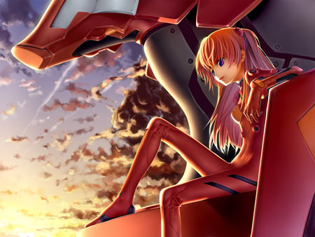 Asuka Langley - beauty, hot, anime girl, robot, plugsuit, pretty, neon genesis evangelion, suit, clouds, orange hair, cute, sexy, long hair, stunning, mech, red, beautiful