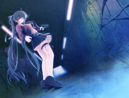 ready for your end - pretty, anime, guns, hot, girl, school uniform, lights, mist, fight, action, dark hall