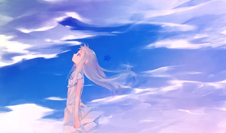 at one with the clouds - sky, girl, wind, pretty, clouds, blue, peacful, anime, pink eyes