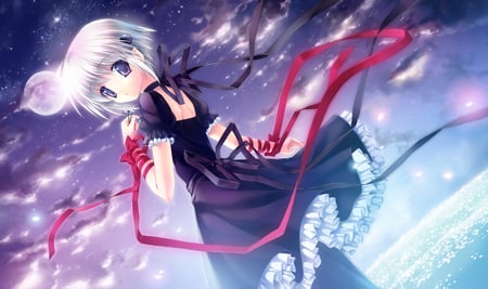 kagari - moon, black dress, night sky, stars, rewrite, pink ribbon, wind, short white hair, bright, clouds, frills, flowers, kagari, cute, lights