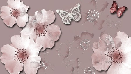 Shadow Flowers - shadows, summer, mauve, butterfly, art, blossoms, pink, flowers, firefox persona, butterflies