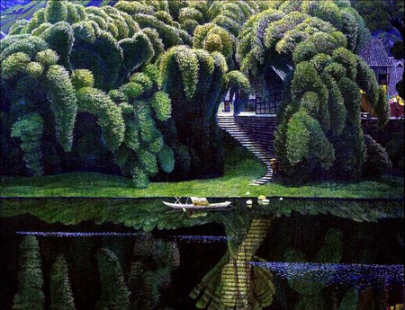 Fabulous Reflections - stairs, building, lake, trees, water, lawn, steps, house, grass, boat