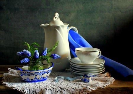 Colors Of Delft - saucers, delft trinket box, still life, blue scarf, dup, delft china, jar, coffee pot, lace scarf, flowers