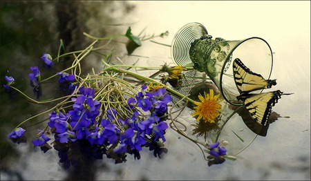 Nature's Gifts - butterfly, glass, dandelion, violets, flowers, still life, drinking glass