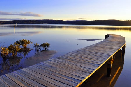 Morning light - silence, blue, wood, landscape, light, view, plants, sky, image, beautiful, beauty, morning, lake water, nature, tranquility, serenity, bridge