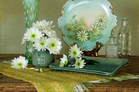 still life - flowers, vase, plate, pattern, still life, bottles