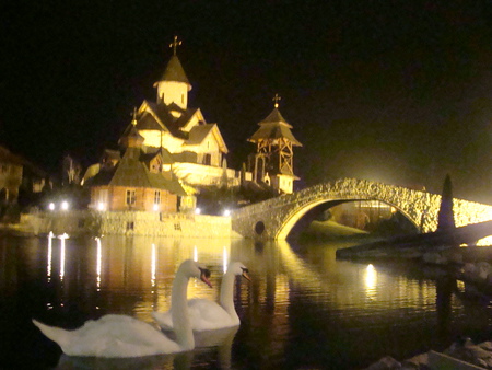 Ethno village at night - romantic, beautiful, lights, lake, night, bridge