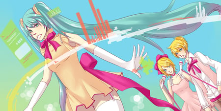 vocaloid - blue hair, rin, yelow hair, tacnologi, miku, aqua eyes, ocaloid