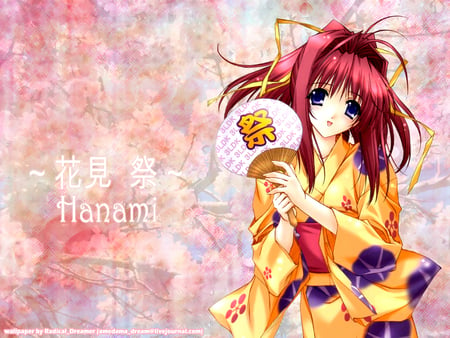 Hanami - fan, girl, hanami, pink