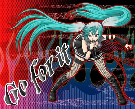 Go For It - aqua, hot, headset, thighhighs, music, anime girl, white, art, cool, aqua eyes, artistic, hatsune miku, sexy, skirt, flames, song, vocaloids, program, vocaloid, pink, beautiful, diva, beauty, nice, twintail, singer, aqua hair, black, virtual, pretty, idol, anime, miku, cute, girl, cg, hatsune, microphone, red, headphones, singing, awesome, digital, outfit