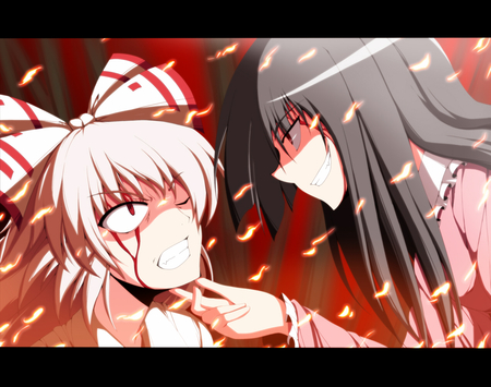 Touhou - touhou, blood, fujiwara, game, anime, mad, mokou, kaguya, girl, fight, no, houraisan, sexy