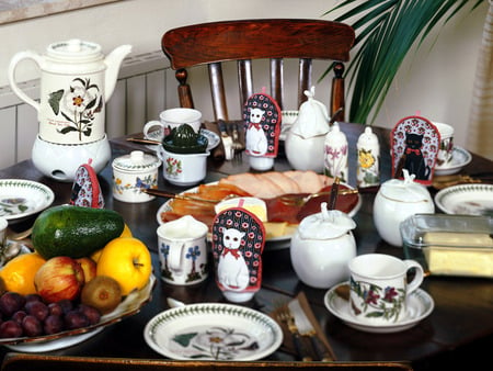 Tea time - apple, palm, design, plate, cup, time, white, tea, peach, table, food, arrangement, kiwi, drink, plant, avocado, sweet, fruits, chair, wood, kettle, nice, green