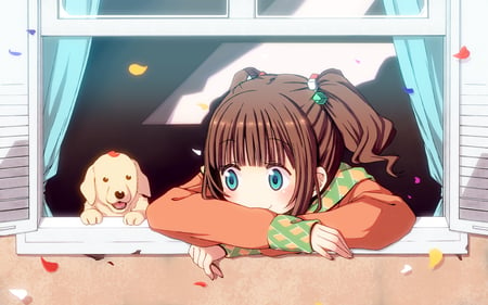 Girl and Dog - anime, brown, yayoi, eyes, dog, aqua, pet, idolmaster, animal, takatsuki, twintails, girl, orange, petals, hair, kawai, cute, chika, pop