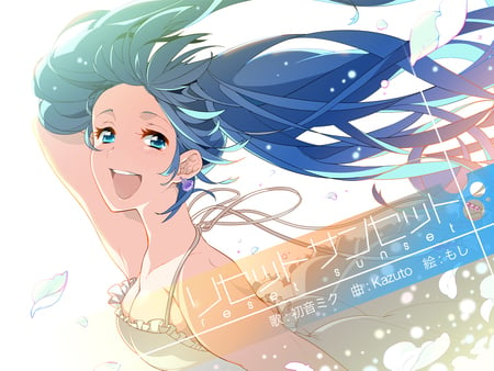 Hatsune Miku - Reset Sunset - horizon, aqua, twitail, digitial, music, sunset, anime girl, white, art, yellow, cool, petals, aqua eyes, artistic, hatsune miku, song, vocaloids, program, vocaloid, beautiful, diva, happy, nice, beauty, singer, aqua hair, black, virtual, reset sunset, pretty, idol, anime, orange, miku, cute, girl, gold, cg, hatsune, blue, smile, awesome