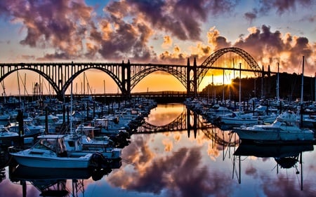 Sunset - boat, splendor, harbour, reflection, sailboats, sailing, marina, view, port, sky, sun, clouds, sunlight, beautiful, sea, beauty, colors, lovely, architecture, ocean, boats, colorful, nature, sunset, marina boats, rays, sailboat, peaceful, bridge