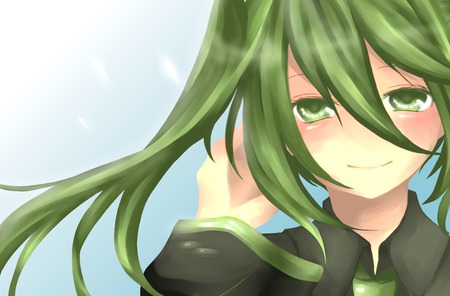 Hatsune Miku - tie, pretty, artistic, green eyes, light, uniform, nice, sunlight, program, sunshine, beauty, virtual, cg, white, green, cute, aqua eyes, song, outfit, vocaloid, anime, twintail, collar, hatsune miku, green hair, music, aqua, art, sky, sun, idol, clouds, anime girl, beautiful, singer, girl, blush, cool, black, glow, miku, awesome, diva, digital, aqua hair, hatsune, vocaloids