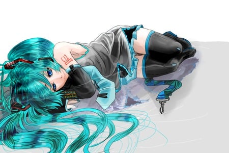 Hatsune Miku - tie, pretty, artistic, uniform, headphones, nice, belt, program, thighhighs, beauty, virtual, cg, white, gray, cute, aqua eyes, curled, song, outfit, vocaloid, anime, twintail, hatsune miku, microphone, music, aqua, art, idol, anime girl, skirt, beautiful, singer, girl, cool, black, miku, awesome, diva, digital, aqua hair, hatsune, vocaloids, headset