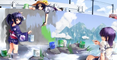 Art Project - anime girl, beautiful, hot, wet, beauty, kimono, stunning, beauties, cute, mountains, art, sexy, sky