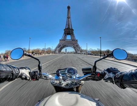 Bike Ride to Paris - hands, mirrors, road, ride, motor bike, eiffel tower