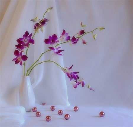 A touch of purple - flowers, vase, pearls, white drape, purple