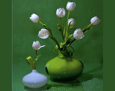 Green and white - white, flowers, white vase, green vase