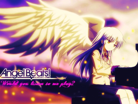 Listen - anime, play, school, angel beats, uniform, tachibana, kanade, piano, skirt, girl, cool, white, listen, sunset, wings, cute, sexy