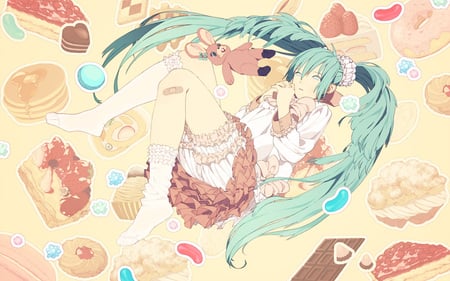 Vocaloid - hatsune miku, head band, long hair, blush, aqua hair, food, aqua eyes, dress