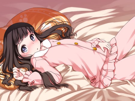 Onii-chan!! - bed, black eyes, black hair, blush, tail, long hair, pijama