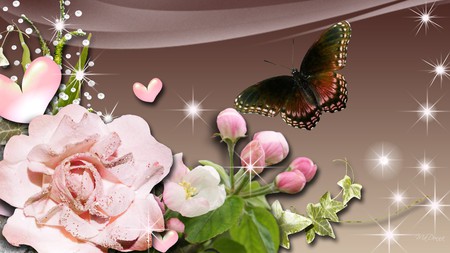 Rose of Summer - ivy, rose, glow, brown, hearts, diamonds, butterfly, pink, flowers, firefox persona