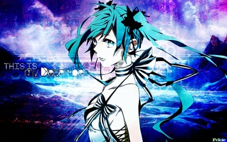 Hatsune Miku - horizon, aqua, music, anime girl, white, art, purple, cool, aqua eyes, artistic, hatsune miku, hills, song, vocaloids, program, vocaloid, beautiful, sea, diva, beauty, nice, water, twintail, singer, mountains, aqua hair, black, virtual, painting, pretty, idol, anime, miku, cute, ocean, girl, oufit, drawing, cg, hatsune, digital, awesome