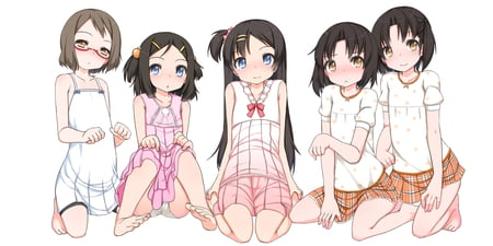 let's play onii-chan - anime girls, blue eyes, brown hair, summer dress, head band, pijama, bare foot, uniform, blush, short hair