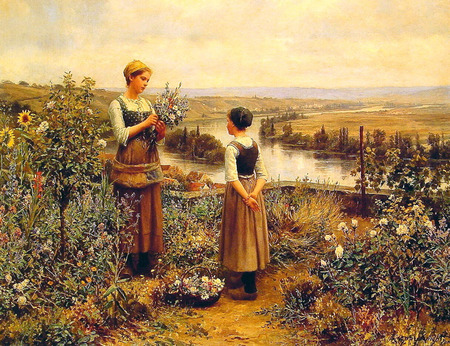 Picking flowers, by Daniel Ridgway Knight - people, field, daniel ridgway knight, painting, nature, woman, art